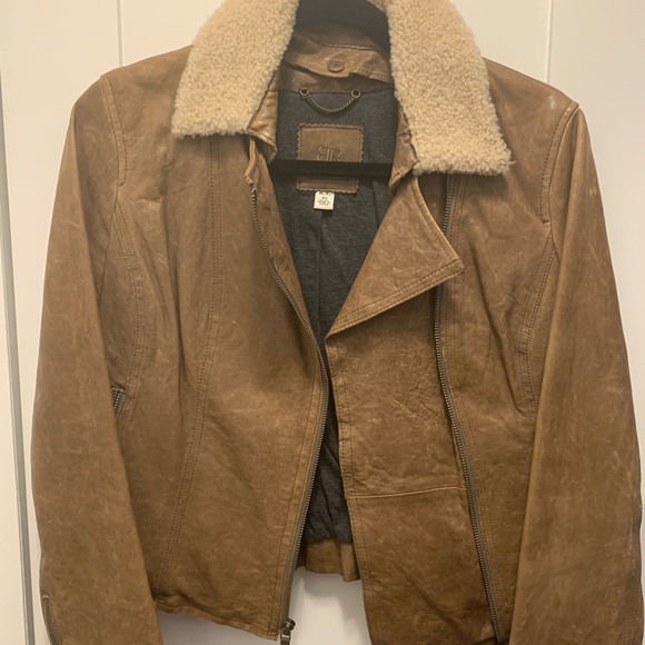 Tan leather jacket with convertible fur collar - Picture 6 of 8